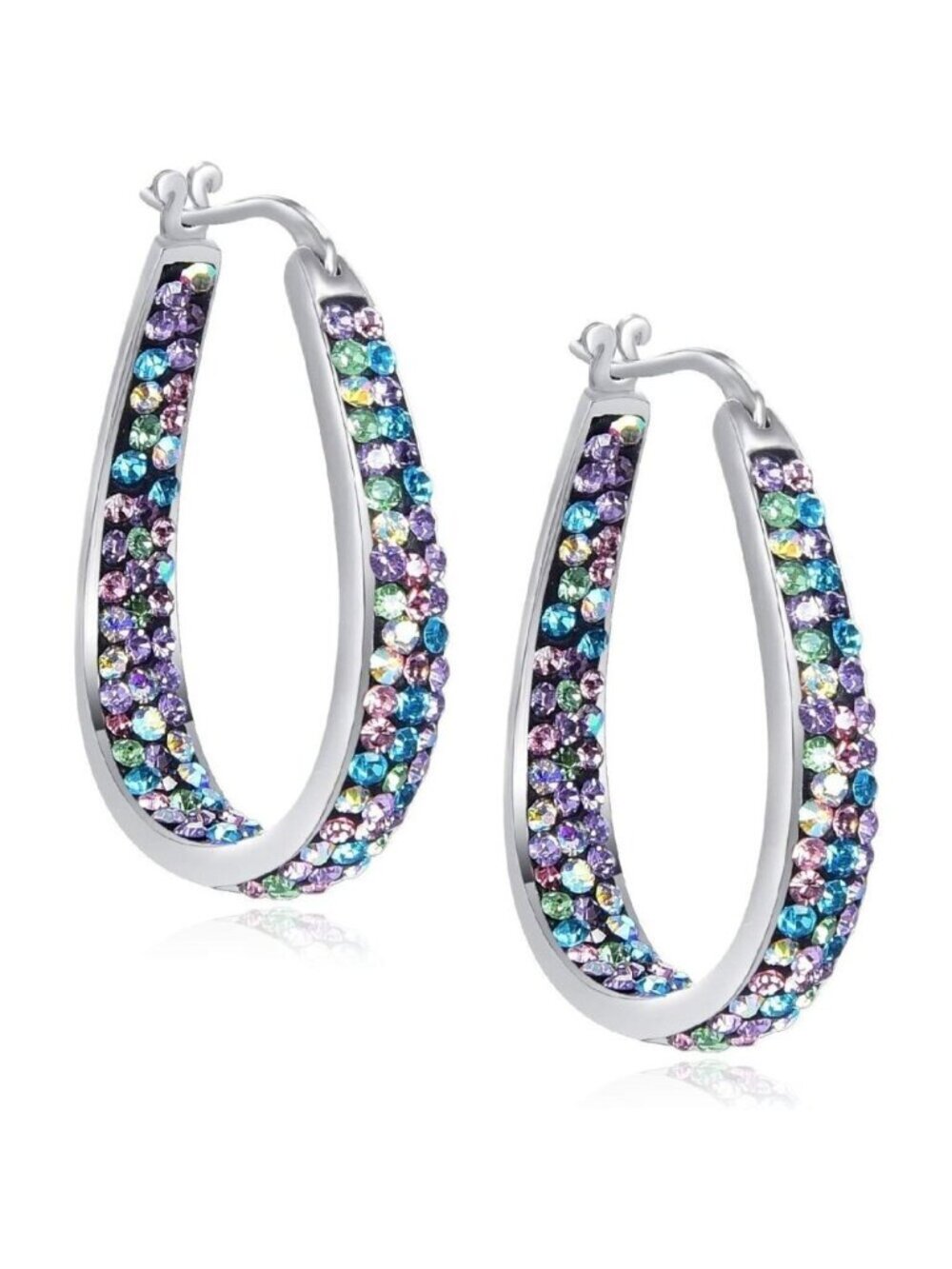 🆕 Women Blue Crystal Hoop Earrings Plated Inside Out Oval Shape Jewelry Gifts